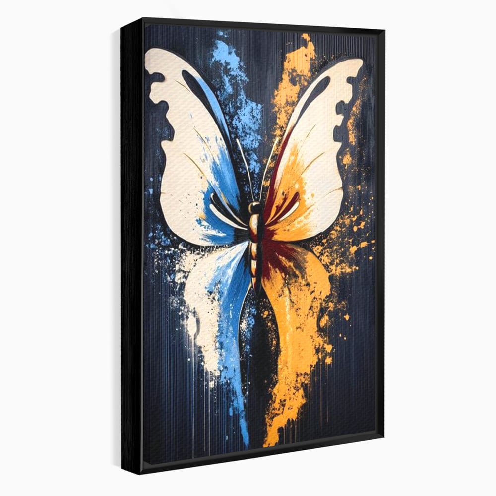 Tablou canvas cu tablou canvas cu fluture simetric, in rama de aluminiu negru